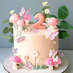 JeVenis Fairy Cake Toppers Fairy Cake Decoration Pink Mushroom Door Butterfly Flowers Cake Decoration Fairy Garden Topper for Fairy Party Supplies Fairy Party Favors