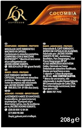 L'OR Espresso Capsules, 40 Count Espresso Colombia Single-Serve Aluminum Coffee Capsules Compatible with Nespresso Original Machines