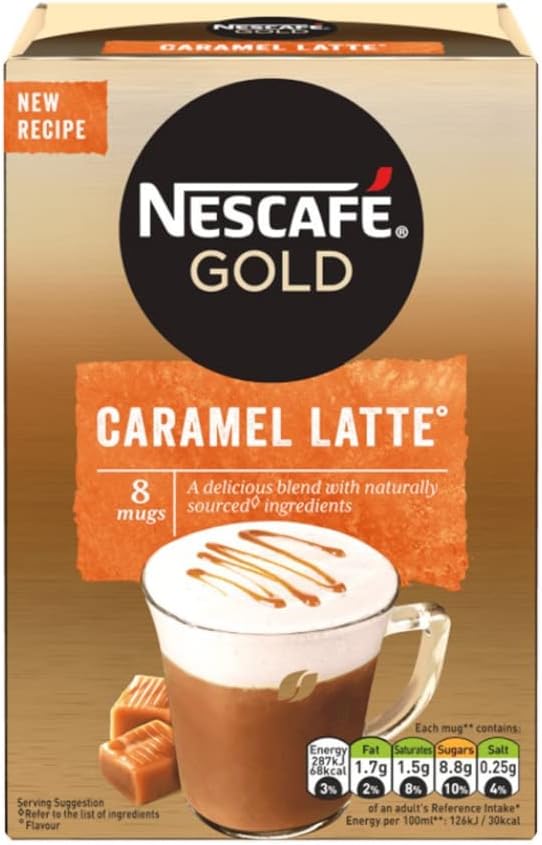 Original Nescafe Gold Caramel Latte Coffee Sachets Imported From The UK England Instant Coffee Finely Beans With Milk Sugar British Frothy Coffee Nescafe Café Menu Latte Caramel, 136 g