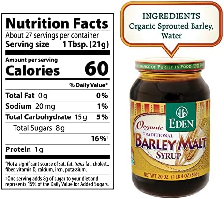 Eden Traditional Organic Barley Malt Syrup, Non-GMO, USA grown and made, Non-Dyastatic, 20 oz Glass Jar (3-Pack)