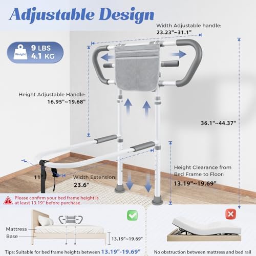 Bedside Rail for Elderly Safety Adjustable Bed Aid with Storage Pocket, Non-Slip Handle, 400 lbs Gravity Capacity -Gray (Stand-Compatible with Bed Frames 13.19" or Higher)
