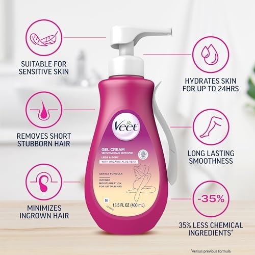Veet Sensitive Skin Hair Removal Cream For Women, Painless Bikini Hair Removal Gel, Dermatologically Tested Depilatory Cream For Bikini Line, Legs, Arms, Underarms, 13.5 FL OZ Pump Bottle with Tool