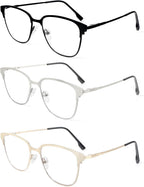 MMOWW 3 Pack Square Blue Light Blocking Reading Glasses Metal Frame Spring Hinges Computer Readers for Men Women