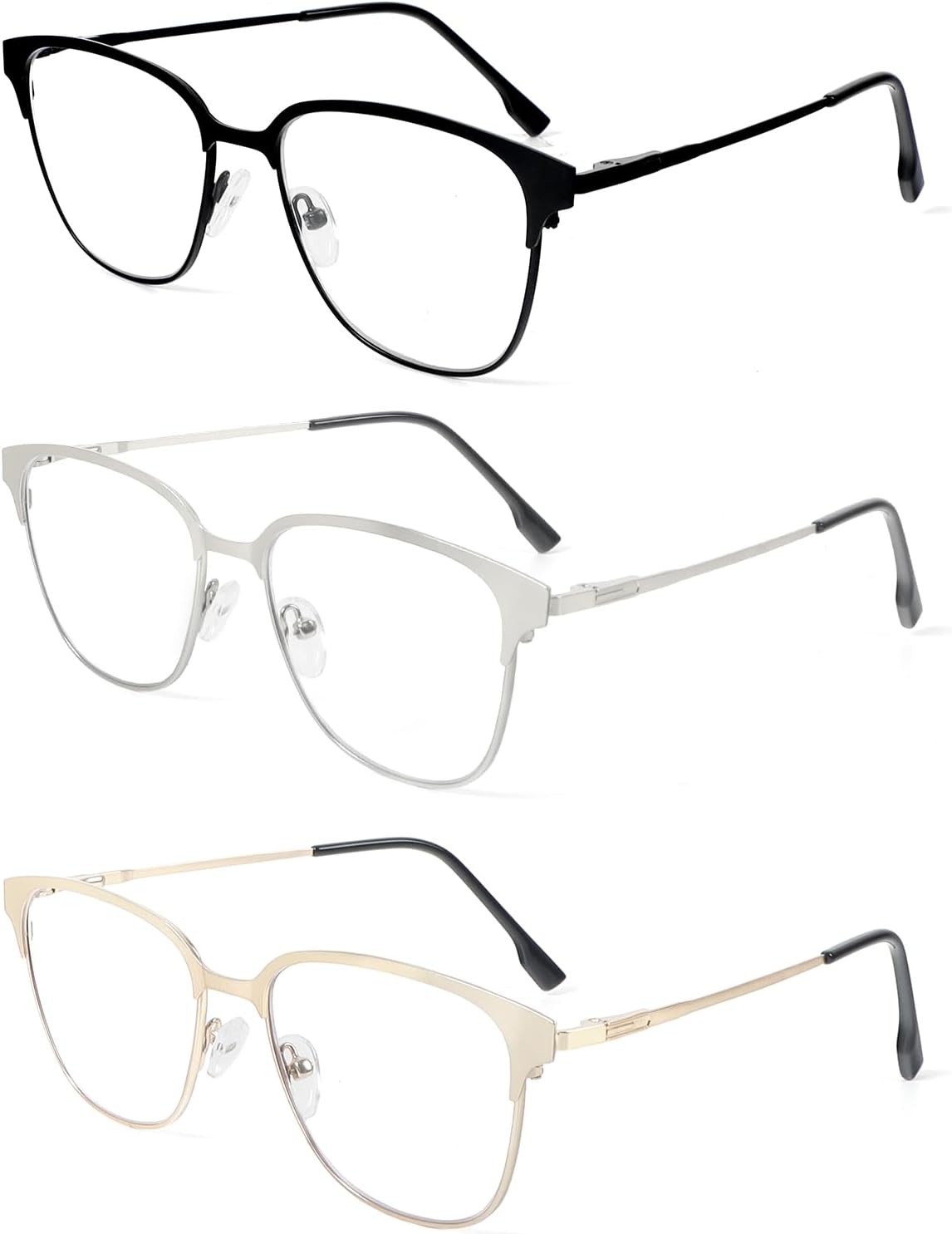 MMOWW 3 Pack Square Blue Light Blocking Reading Glasses Metal Frame Spring Hinges Computer Readers for Men Women