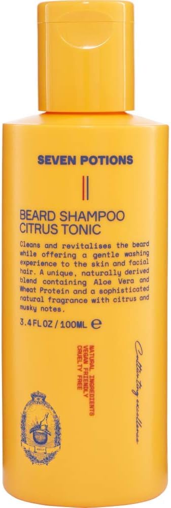 SEVEN POTIONS Beard Shampoo for Men - Gentle Cleansing Wash for a Fresh, Itch-Free Beard - Natural, Vegan Formula (Citrus Tonic, 3.4 Fl Oz)
