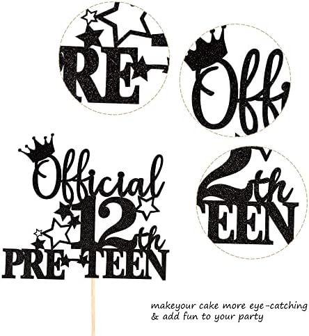1 Pack Official Pre-teen 12 Cake Topper Glitter Happy 12th Birthday Cake Pick Cheers to 12 Years Old Cake Decorations for Teen 12th Birthday Party Supplies Black