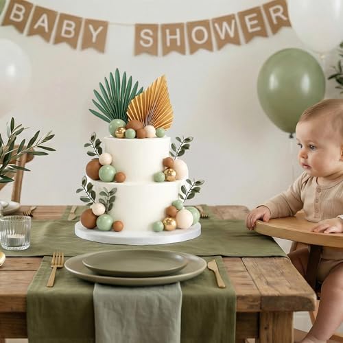 38 PCS Balls Cake Toppers Palm Leaves Cake Decorations for Birthday Wedding Baby Shower Party Supplies Mother's Day （Sage Green）