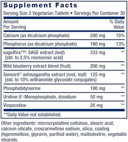 Life Extension Cognitex® Elite, sage, Blueberry, ashwagandha, phosphatidylserine, vinpocetine, Attention, Focus, Mood & Memory, Gluten-Free, Non-GMO, Vegetarian, 60 Tablets