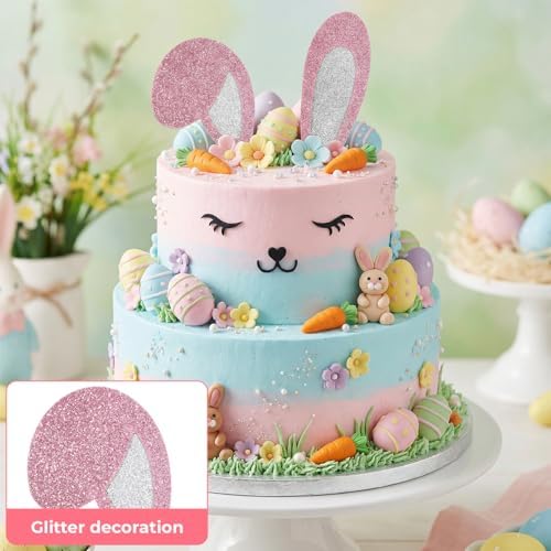 5PCS Easter Bunny Cake Topper Set Includes Ears Eyelashes Nose, Cute Bunny Ears Cake Topper Decorations, Happy Easter Day Rabbit Ear Cakes Decorations for Easter-Day, Birthday Party, Baby Shower