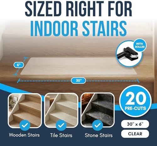 Clear Non Slip Stair Treads for Wooden Steps Indoor (20 Pack) - 30” x 6” Wide Transparent Peel and Stick Stair Treads Non Slip, Indoor Safety Strips for Wood Stairs, Stair Grips for Elderly and Pets