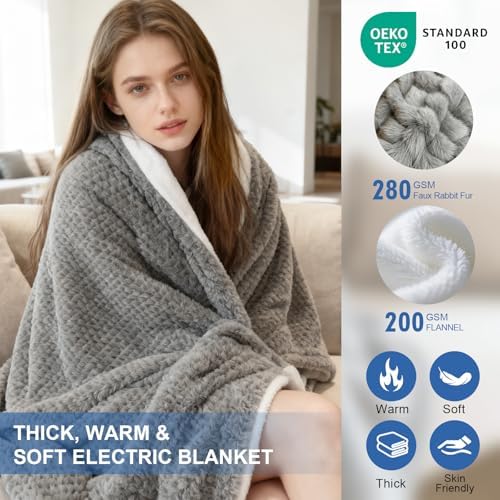 Heated Blanket Electric Blanket,Cozy Faux Rabbit Fur & Soft Flannel Warm Heater Throw Blanket with 5 Fast Heating Levels &10Hours Auto-Off Over-Heat Protection，50" x 60" (Grey)