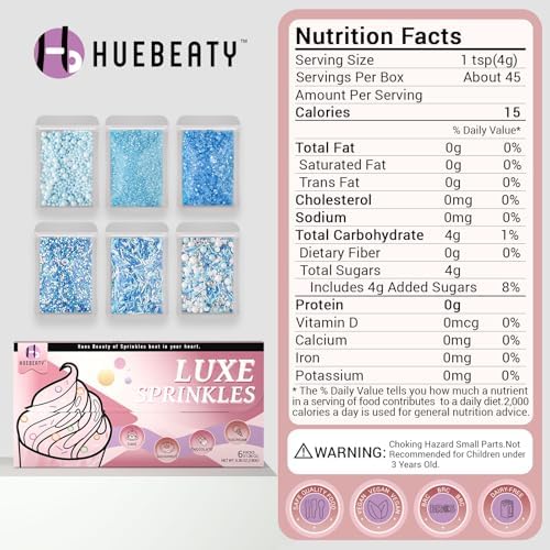 HUEBEATY® 6-in-1 Blue and White Sprinkles for Cake Decorating – 180g/6.36oz Edible Baby Shower, Hanukkah, Frozen & Winter Sprinkles with Baby Blue Sugar, Nonpareils, Pearls & Jimmies for Cupcakes, Cookies, Ice Cream