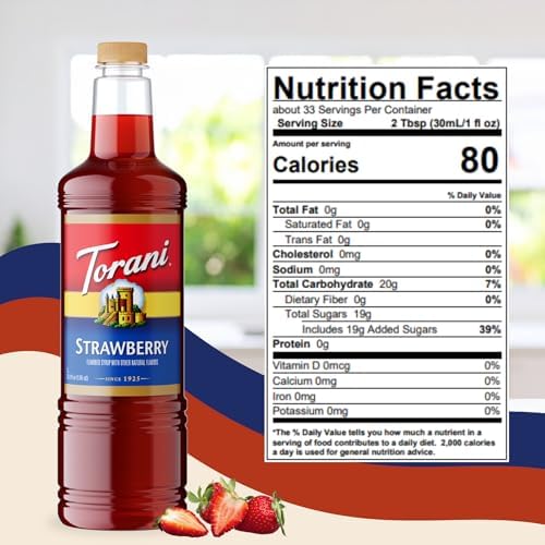 Torani Strawberry Syrup 1 Liter Bottle with Pump – Premium Drink Flavoring Made with Pure Cane Sugar & Natural Flavors for Coffee, Cocktails, Mocktails, Lemonades & Desserts – Café-Quality Sweetener