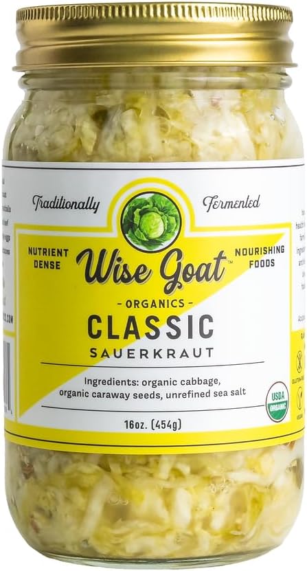 Raw Organic Fermented Probiotic Sauerkraut, "Classic" Variety [Vegan, Gluten Free, Non-GMO, Probiotic] 16oz Glass Jar by Wise Goat Organics
