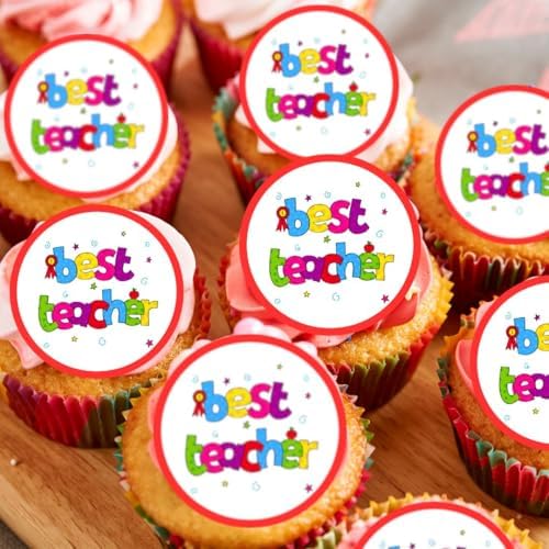Best Teacher Edible Cupcake Toppers – Colourful Thank You Cake Decorations for Schools & Teacher Appreciation – 24 x 4cm/1.5 Inch Discs (UNCUT)