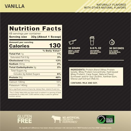 Optimum Nutrition Gold Standard 100% Whey Naturally Flavored Protein Powder 4.8 (Packaging May Vary), Vanilla, 76.8 Ounce