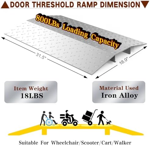 Door Threshold ramp 31.5" W*18.9" L, Metal Bridge Doorway Threshold ramp to go Over The Threshold for wheelchairs/Scooters/Walkers(800LBs Capacity, 31.5"/80cm)