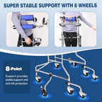Adult Standing Walker for Seniors, 8-Wheels Anti-Tilt Walking Aid with Adjustable Height and Width, Withstands 331lbs, Padded Seat and Hand Brake, Suitable for People of 60-69 in