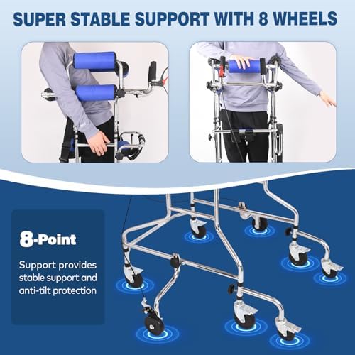 Adult Standing Walker for Seniors, 8-Wheels Anti-Tilt Walking Aid with Adjustable Height and Width, Withstands 331lbs, Padded Seat and Hand Brake, Suitable for People of 60-69 in