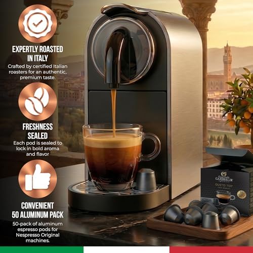 Gran Caffè Garibaldi Espresso Pods, Italian Roasted Compatible Nespresso Original Line Machines, 100% Arabica Blend, Brazilian & Central American Beans, Cocoa Aroma - Gusto Top (Aluminum) 50 Cups