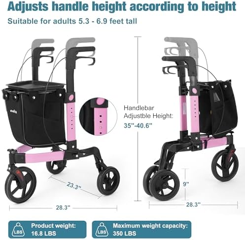 3 Wheel Walkers for Seniors, Foldable Rollator Walker with Tray & Large Storage Bag, 10" Big Wheel for All Terrain, 350 lb Weight Capacity, Pink