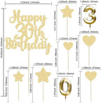 Gyufise 15Pcs Happy 30th Birthday Cake Topper Set with Heart Star Glitter Cheers to 30 Years Cake Picks Number 30 Candles Cake Decorations for Happy 30th Birthday Anniversary Party Supplies Gold