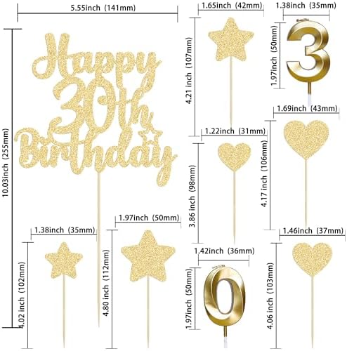 Gyufise 15Pcs Happy 30th Birthday Cake Topper Set with Heart Star Glitter Cheers to 30 Years Cake Picks Number 30 Candles Cake Decorations for Happy 30th Birthday Anniversary Party Supplies Gold
