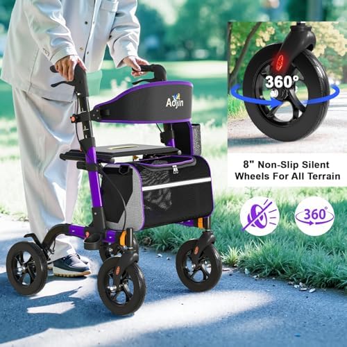 Walkers for Seniors, Rollator Walker with Seat, 350 lb Weight Capacity, 18" Big Seat, 8" All-Terrain Wheels, 6-Level Adjustable Height, Lightweight Aluminum Frame Rollator Walkers for Seniors (Purple)