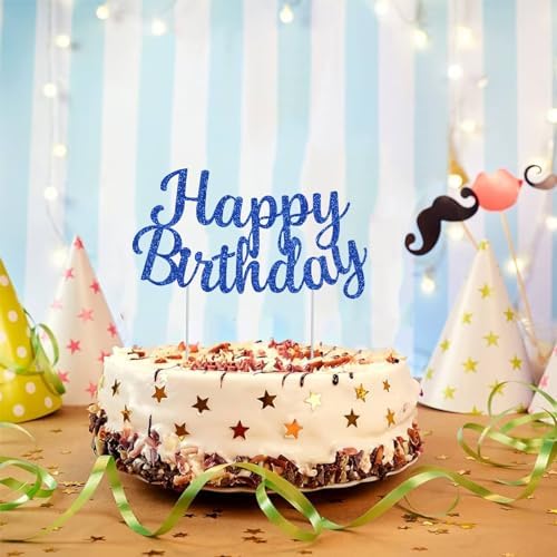 BEISHIDA Blue happy birthday Cake Topper, Happy Birthday Cake Bunting Decor,Birthday Party Decoration Supplies，Photo Booth Props