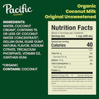 Pacific Foods Organic Unsweetened Coconut Milk, Plant Based Milk, 32 oz Carton