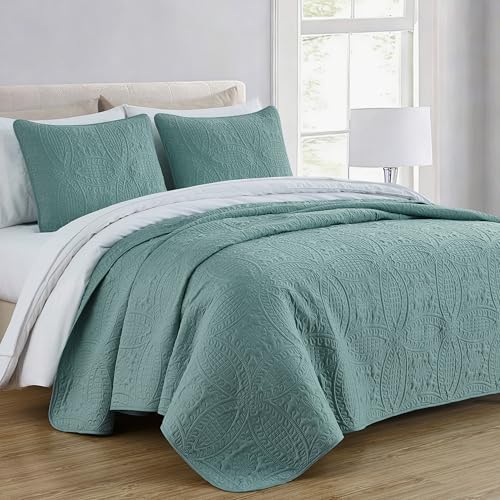 Chezmoi Collection Austin 3-piece Oversized Bedspread Coverlet Set (Queen, Spa Blue) | Oversized, Lightweight, Fade Resistant