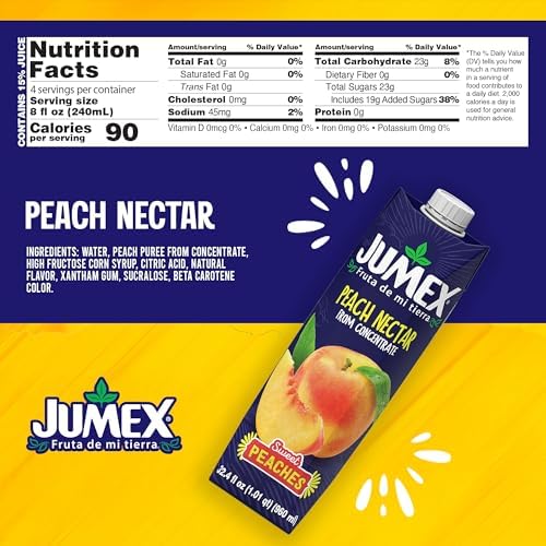 Jumex Peach Juice Nectar - Peach Nectar Made with Fresh Fruit Puree - Tropical Fruit Juice Concentrate for Smoothie Mix, Cocktail Mixers, Kids Drinks & Mexican Beverages - 32.4oz, 1 Pack Carton