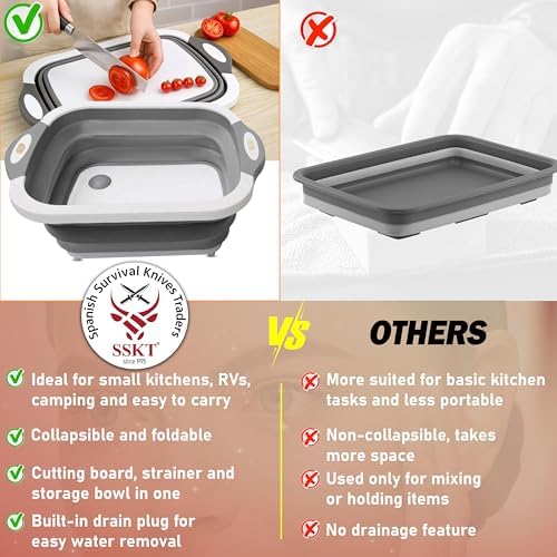 SSKT 3-in-1 Collapsible Cutting Board – Multifunctional Kitchen Sink Tub Basin with Drain, Chopping Board & Washing up Bowl – Space-Saving & Portable for Kitchen, Camping, RV, & Outdoor Use (Grey)