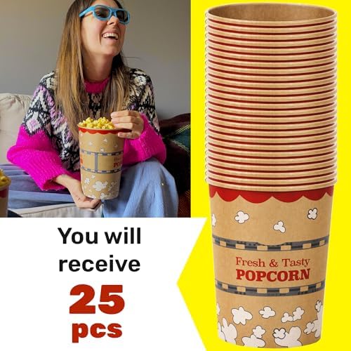 CUSINIUM 32 oz 25-Pack Kraft Popcorn Buckets - Large Popcorn Tubs