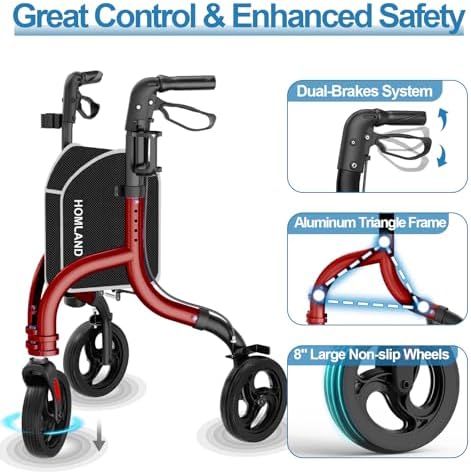 3 Wheel Walkers for Seniors, Foldable Wheeled Rollator with Cane Hold and Cup Hold, Lightweight Three Wheel Rolling Walker Height Adjustable for Seniors,Burgundy