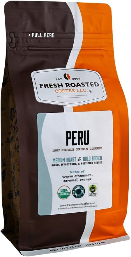 Fresh Roasted Coffee, USDA Organic Peru | 3rd Party Tested for Pesticides, Mold, Mycotoxins, Kosher | 100% Arabica, Specialty Grade, Med Roast 12 oz Ground