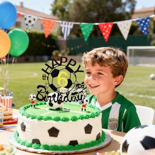 1Pc Black Soccer Happy 6th Birthday Cake Topper - Glitter Football Cake Decoration for 6 Year Old Soccer Theme Birthday Party Cake Decor Supplies