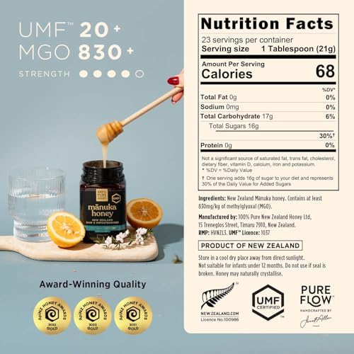 Manuka Honey UMF 20+ MGO 830+ 100% Pure New Zealand Raw, Unfiltered Certified Award Winning Silky Smooth Taste & Texture 17.6 Oz