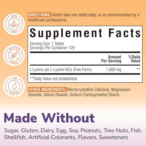 L-Lysine 1000 mg, High Potency L-Lysine HCl, Free Form Essential Amino Acid, Protein & Collagen Synthesis, Immune Support, Maximum Absorption, Vegan, 120 Tablets