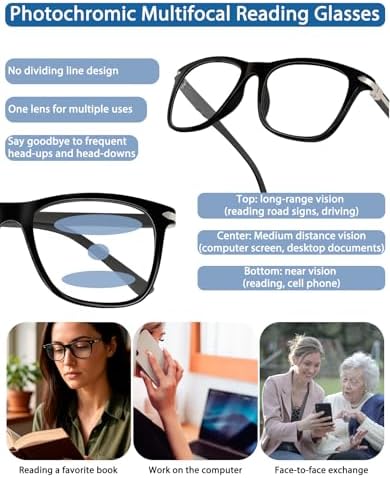 Progressive Multifocal Reading Glasses Photochromic Transition Anti Blue Light UV400 TR90 Indoor Outdoor