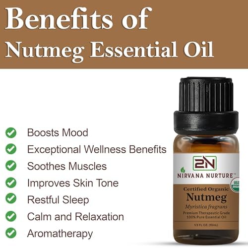 Nutmeg Essential Oil, USDA Certified Organic, 100% Pure Undiluted, Aromatherapy Oil for Diffuser, Hair & Skin Care