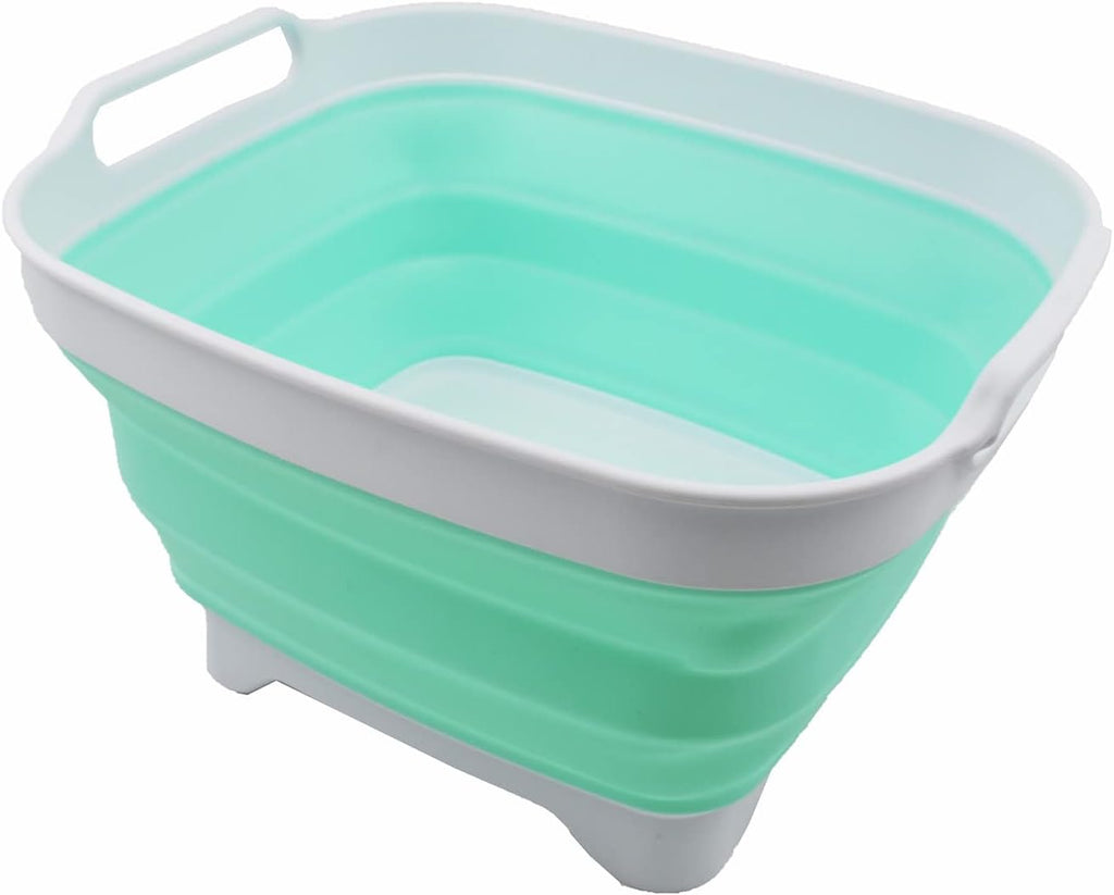SAMMART 7.5L (2 Gallons) Collapsible Dishpan with Draining Plug - Foldable Washing Basin - Portable Dish Washing Tub - Space Saving Kitchen Storage Tray (White/Light Green, 1)