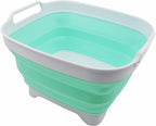 SAMMART 7.5L (2 Gallons) Collapsible Dishpan with Draining Plug - Foldable Washing Basin - Portable Dish Washing Tub - Space Saving Kitchen Storage Tray (White/Light Green, 1)