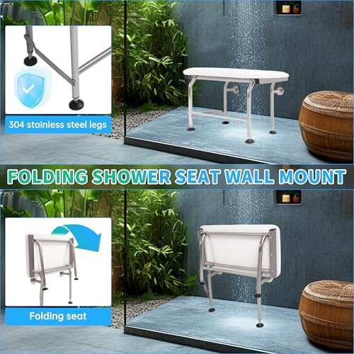 Kojem 26" x14.5” Folding Shower Seat Wall Mount W/304 Stainless Legs, Adjustable Height Fold Down Bench for Bathroom, Wall Mounted Shower Stool Chair for Elderly Seniors Pregnant Disabled 600LBS