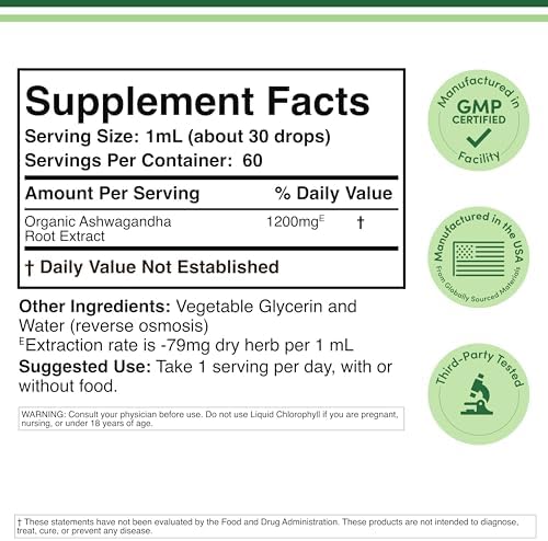Ashwagandha Organic Drops for Stress Relief (1,200mg, 60 Servings) Ashwagandha Tincture for Adrenal Support and Cortisol Manager (Vegan Safe, Gluten Free, Non-GMO) by Double Wood