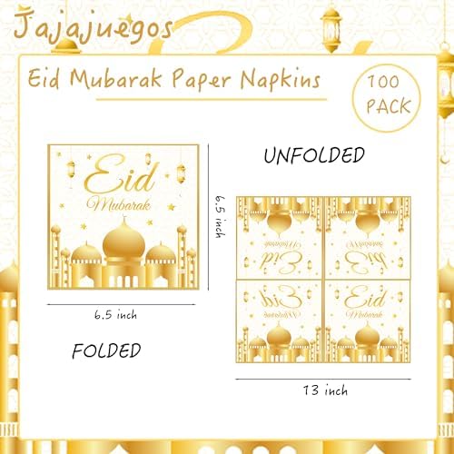 100Pcs Eid Mubarak Paper Napkins White and Gold Moons Stars Guest Lunch Dinner Tableware Disposable Dessert Napkin Set for Muslim Kitchen Holiday Party Supplies Decoration,6.5 x 6.5 inch