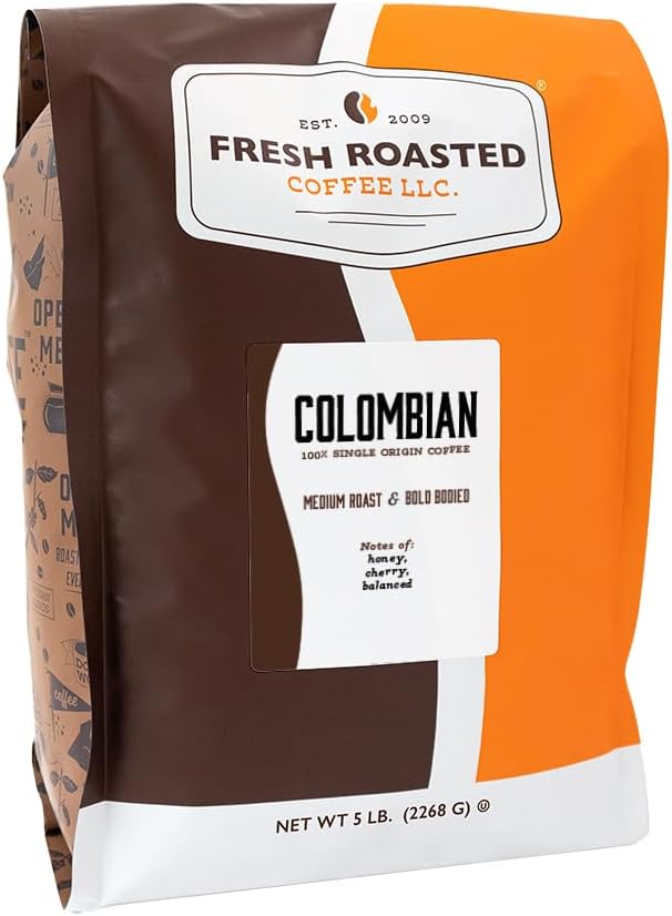 Fresh Roasted Coffee,100% Colombian, 5 lb (80 oz), Medium Roast, Kosher, Whole Bean