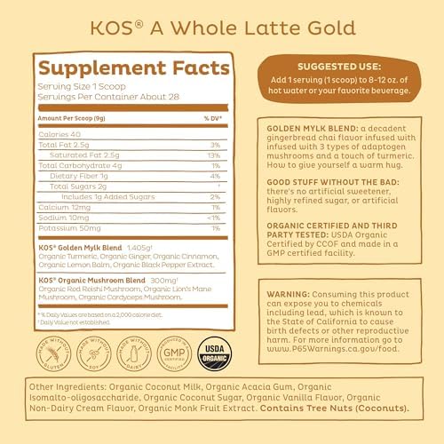 KOS Golden Mylk with Tumeric and Ginger, Organic Superfood Latte Powder, Adaptogen Mushroom Blend - Coffee Creamer, Dessert & Smoothie - Caffeine Free, Vegan, Dairy-Free, Gingerbread Chai, 28 Servings