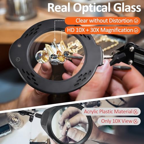 10X 30X Magnifying Glass with Light, Desktop LED Magnifying Lamp with Clamp, 5 Color Modes, 10 Dimmable Levels Lighted Magnifying Glass, Magnifying Glass for Reading, Crafts, Jewelry, Sewing