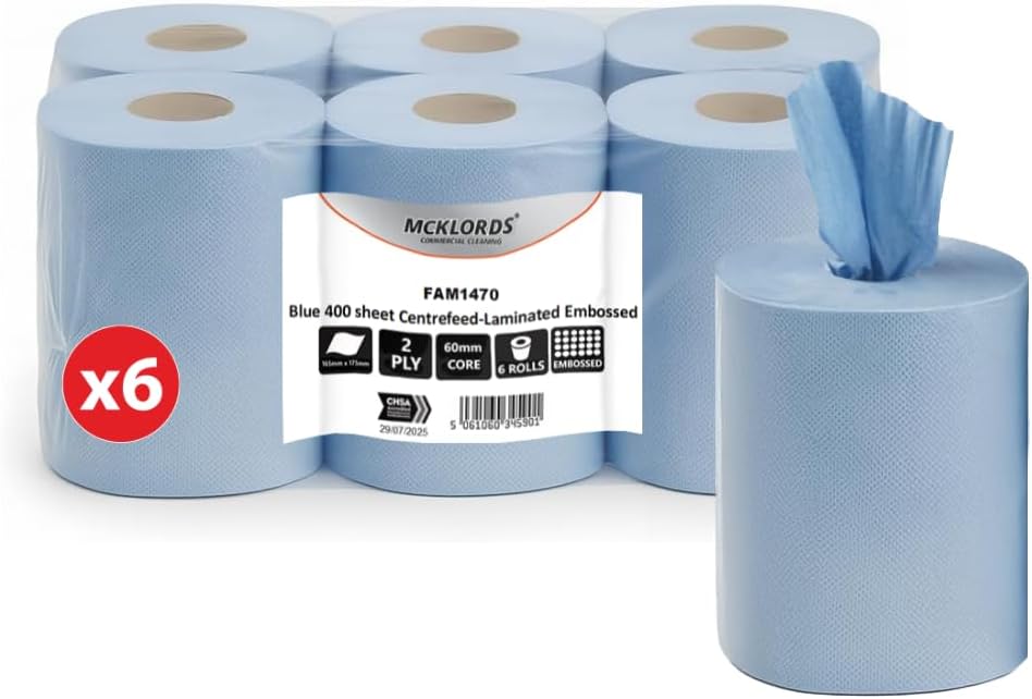 McKLords Commercial - Blue Centrefeed Roll - Recycled 2 Ply, 400 Sheets, Pack of 6 Laminated & Embossed, Strong & Absorbent, Ideal for Industrial & Kitchen Use
